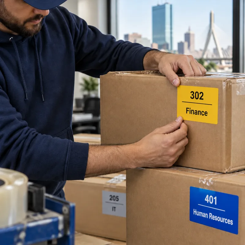 Color-coded labels on sealed office moving cartons with destination room numbers and department names