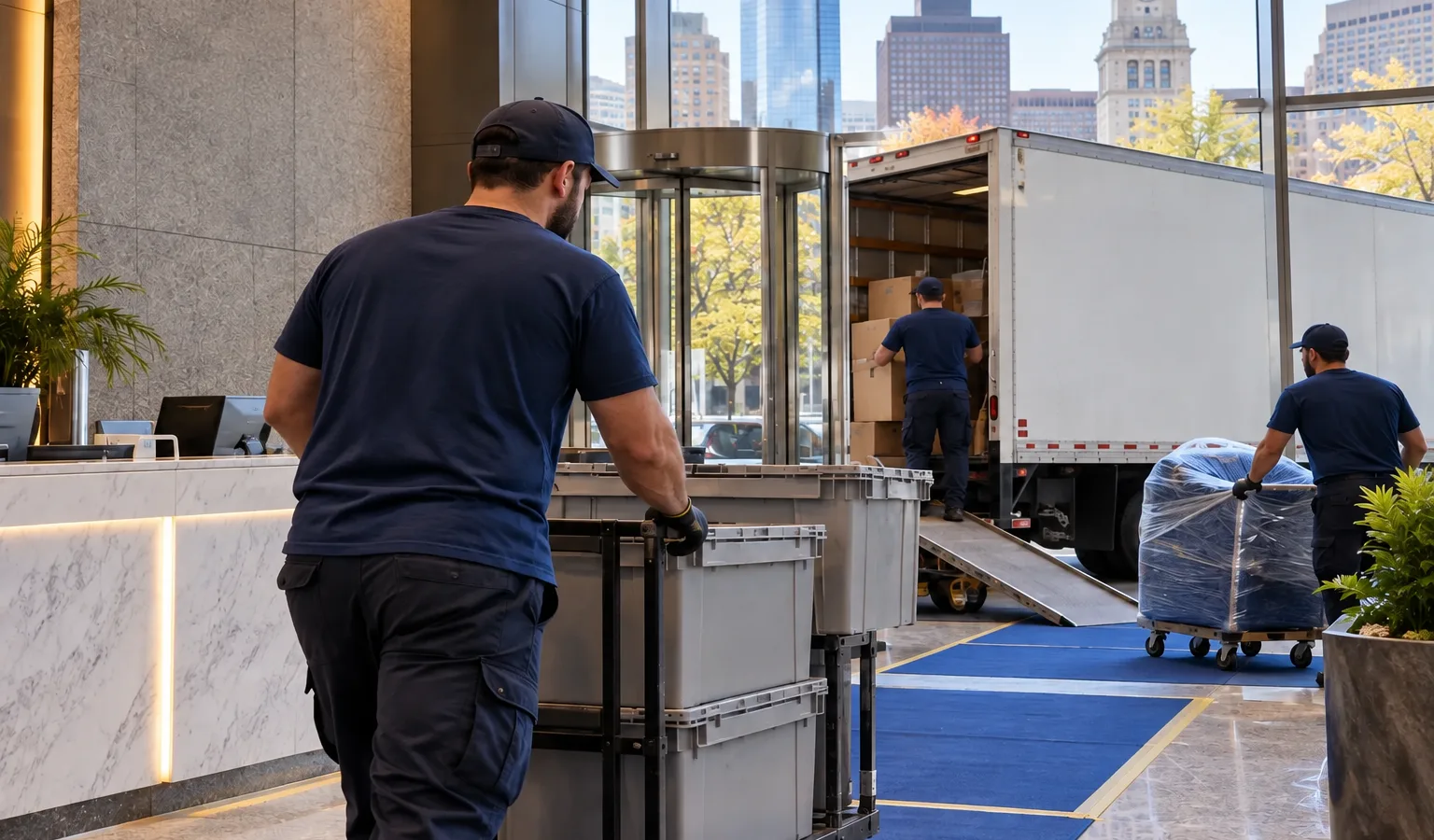 Labeled crates, rolling carts, and contractors protecting floors during a commercial office move in a downtown Boston building lobby