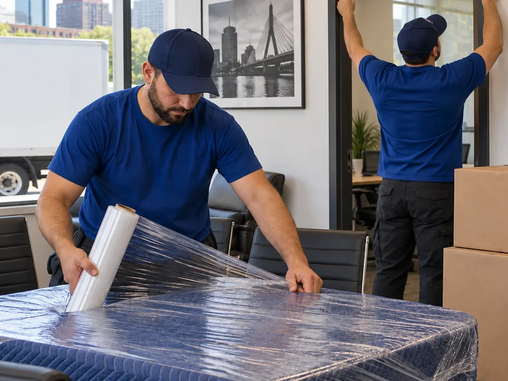 Contractors measuring an office doorway and wrapping a conference table before transport