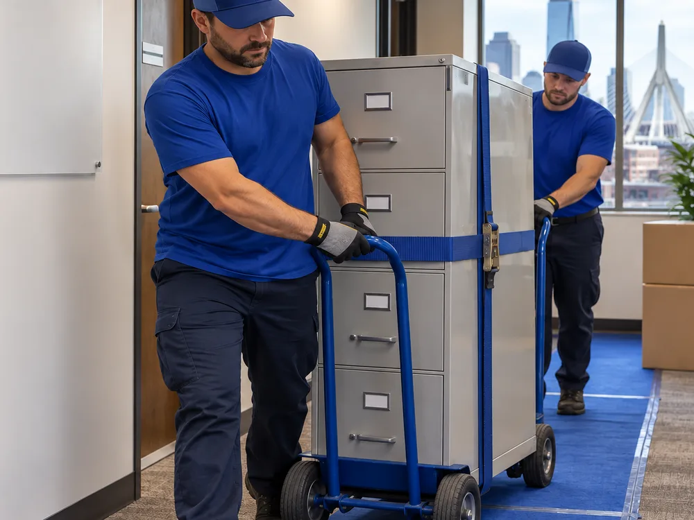 Contractors using dollies and floor runners to move secured file cabinets through a building corridor