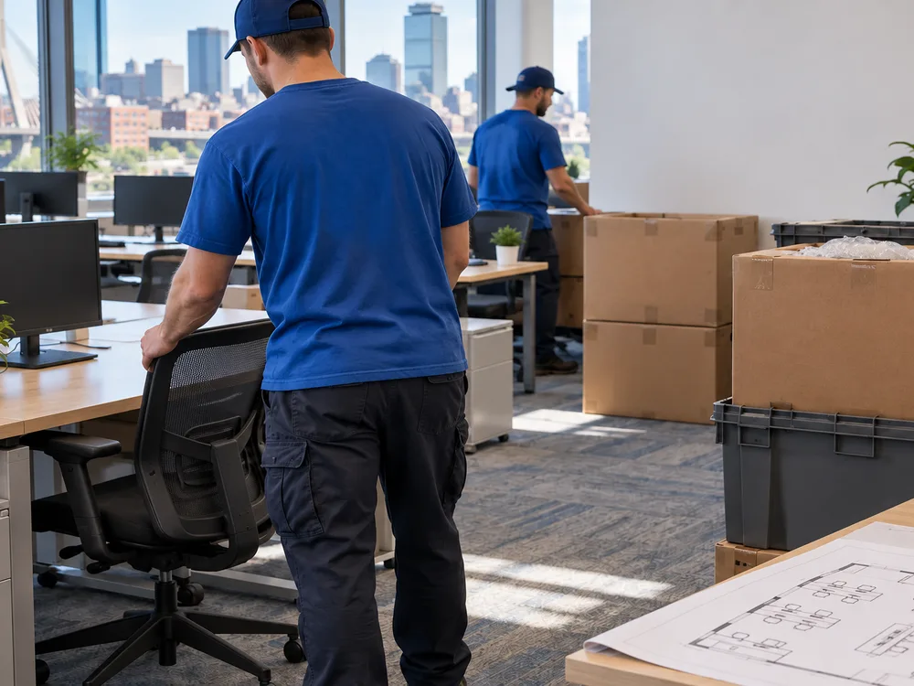 New office space with workstations placed according to a layout plan and crates in designated unpack zones