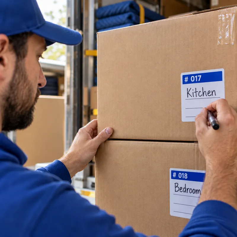 Close-up of numbered moving labels on stacked boxes with room names written clearly for long-distance inventory control