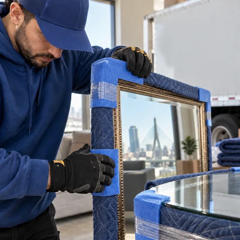 Protective padding and corner guards on a framed mirror and glass tabletop ready for interstate transport