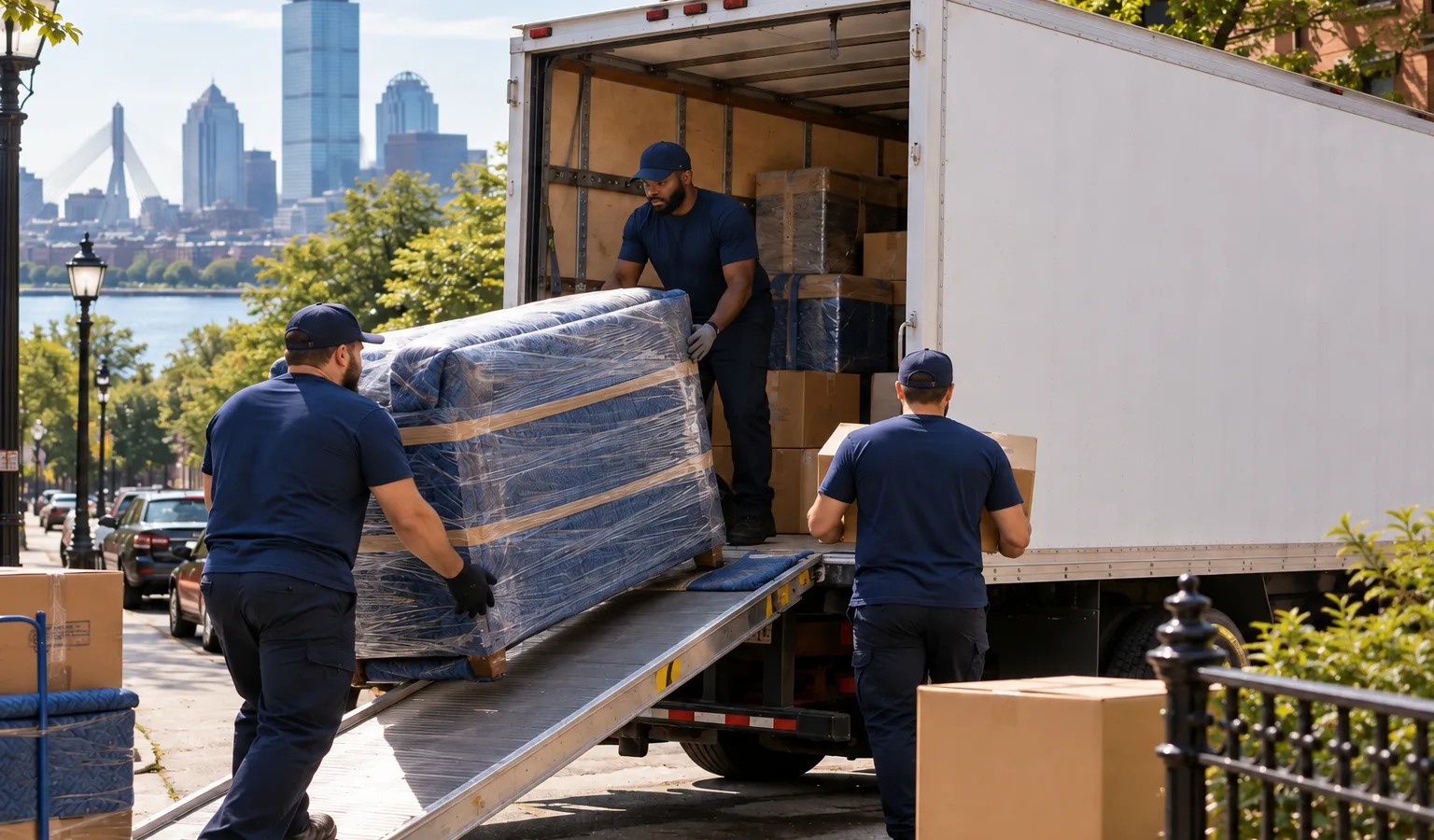 A moving crew carefully loading labeled, wrapped household furniture and boxes into a long-distance moving trailer on a Boston residential street