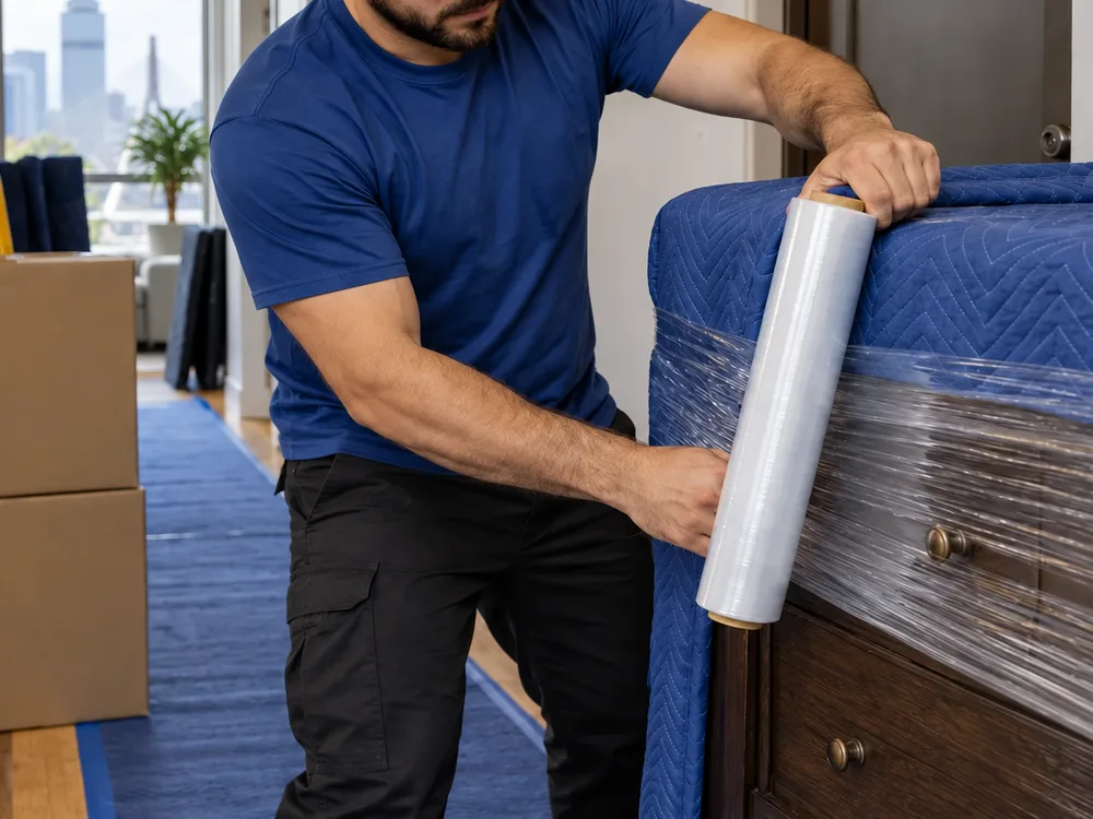 A contractor wrapping a dresser with moving blankets and stretch wrap in a Boston apartment hallway with protective floor covering laid down