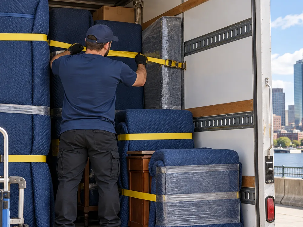 A neatly packed moving truck interior with furniture blanket-wrapped and strapped, showing load planning for long-distance travel