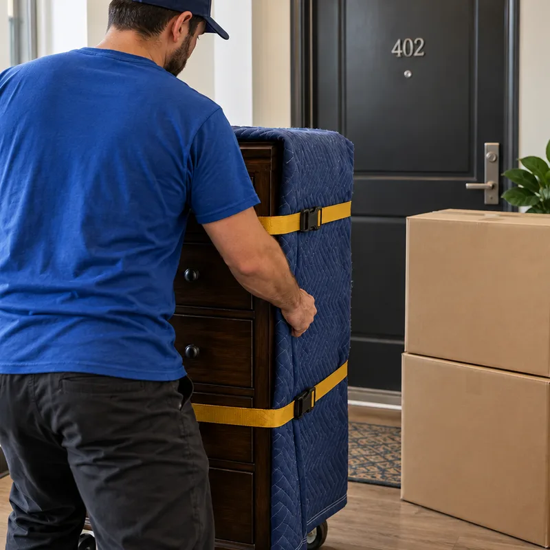 Wrapped dresser secured with straps beside labeled boxes staged near an apartment door
