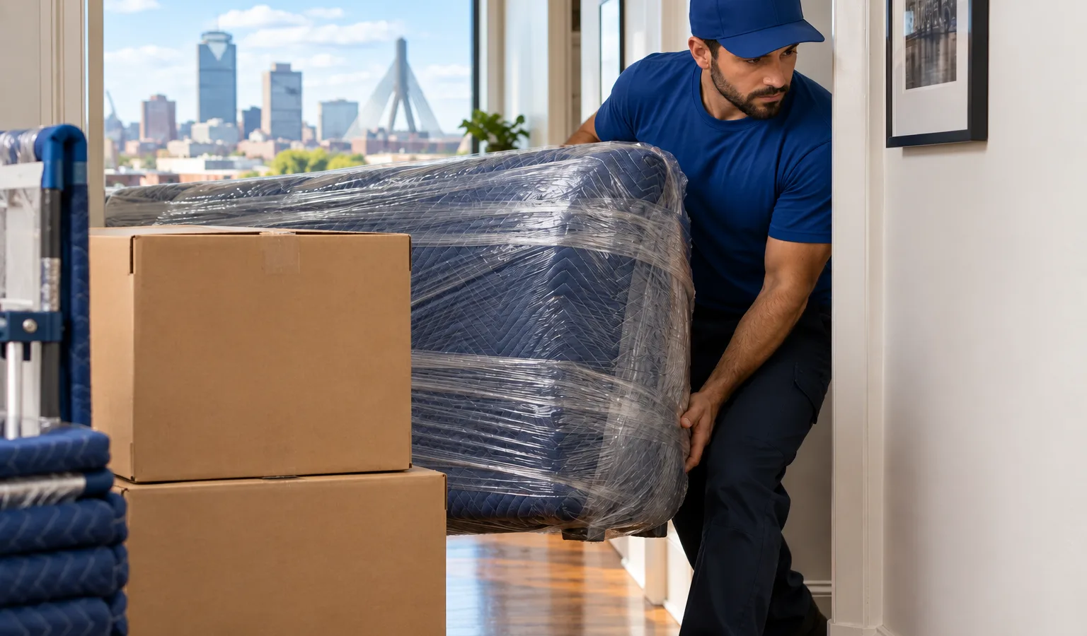 Moving contractor guiding a wrapped sofa and stacked boxes through a narrow apartment hallway