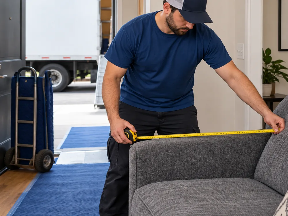 Moving contractor measuring a couch near an apartment doorway with floor runners and a dolly nearby