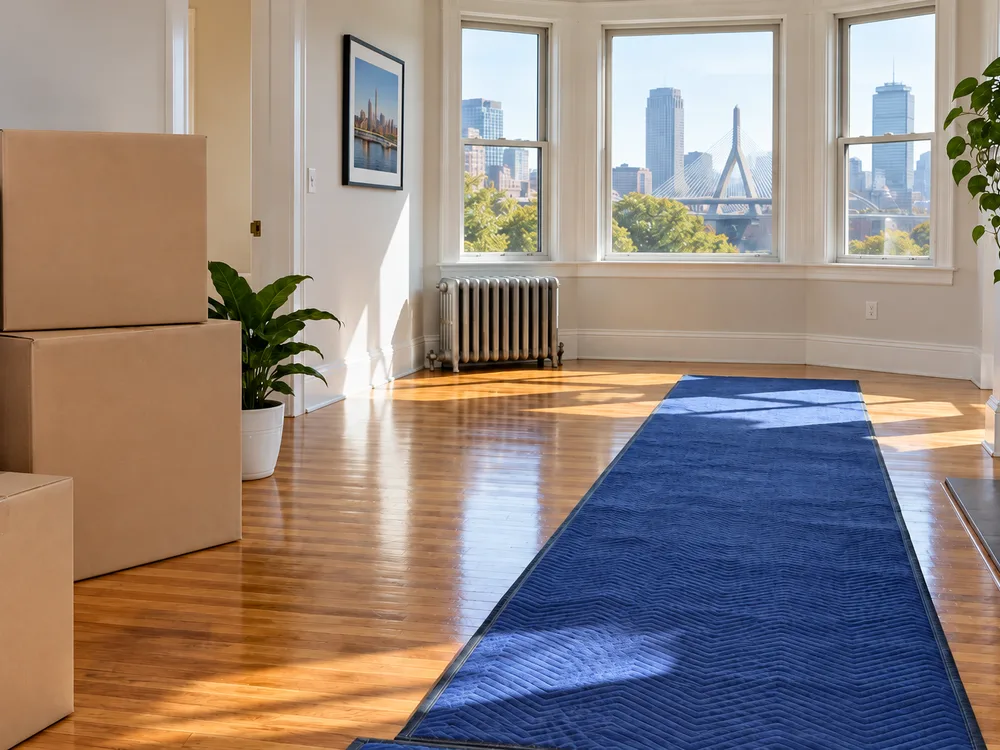 Clean apartment living room with packed boxes and floor runners protecting hardwood