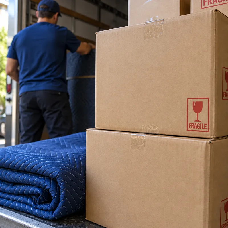 Labeled moving boxes with fragile markings and a folded furniture-protection blanket