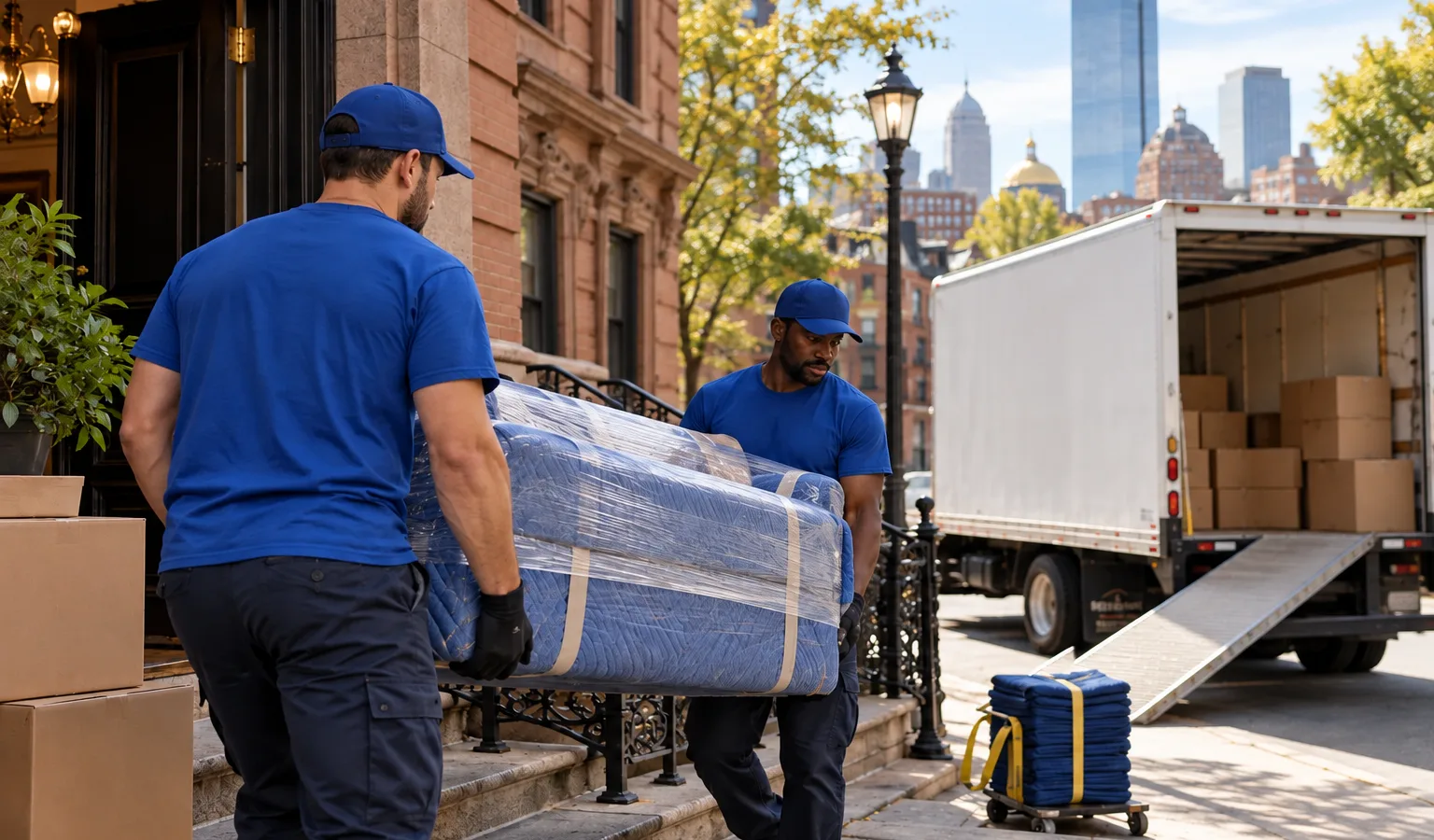 Movers carefully carrying a wrapped sofa and labeled boxes through a Boston residential building entryway