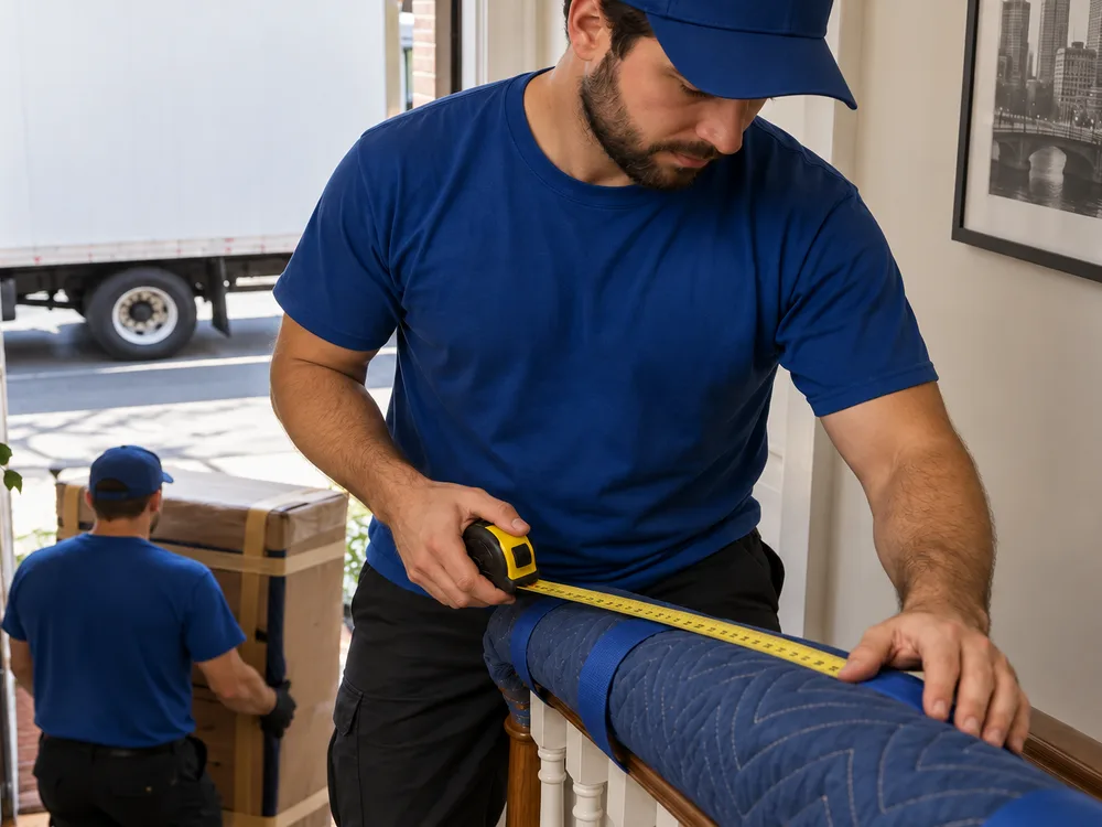 Mover measuring a narrow stairwell and protecting a banister before carrying a boxed dresser