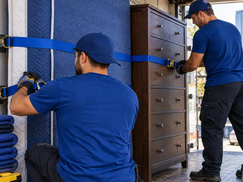 Movers securing a mattress and dresser with straps inside a truck
