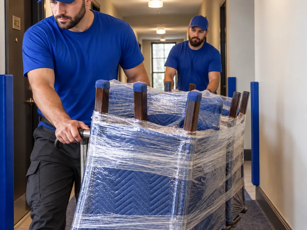 Wrapped dining table and chairs being wheeled down a protected building hallway