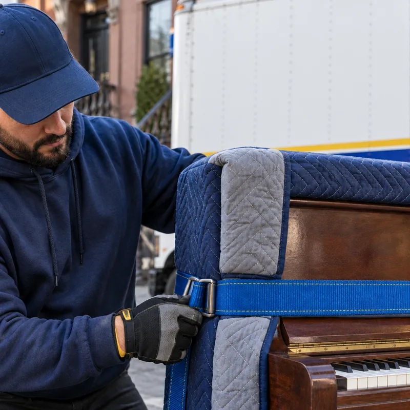 Padded moving blankets and straps secured around an upright piano with corner protection