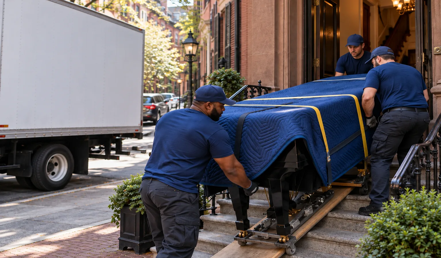 Contractors carefully moving a grand piano through a Boston brownstone entryway using padded covers and a piano board