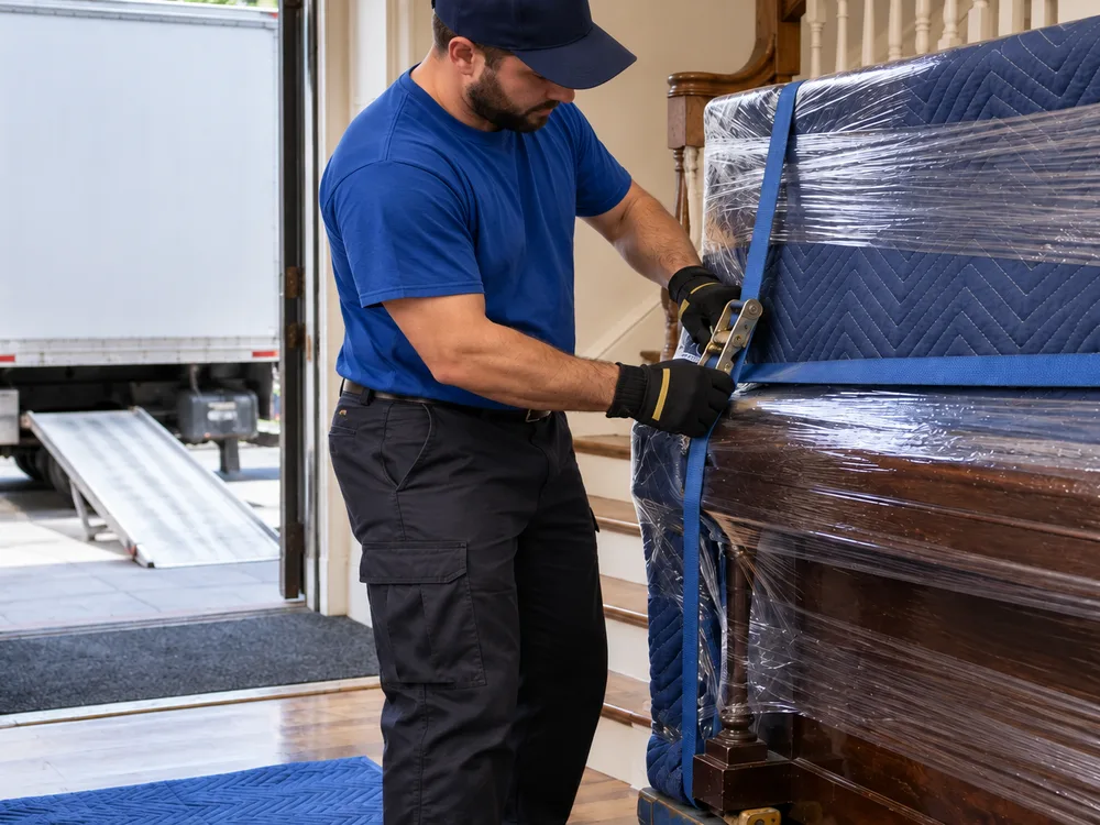 Contractor strapping a wrapped upright piano to a heavy-duty piano dolly at the base of a stairwell