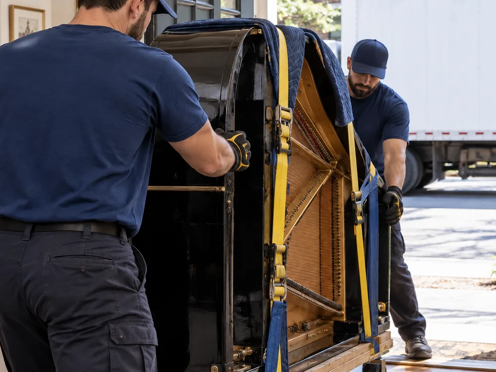 Grand piano secured on its side on a piano board with straps while being guided through a doorway