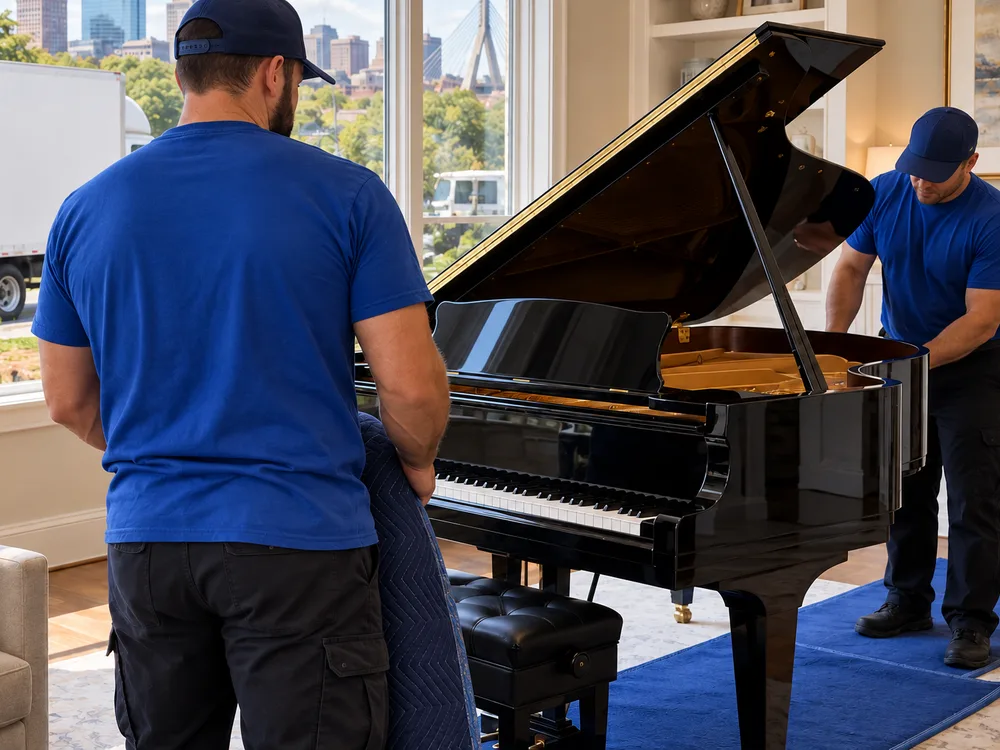 Grand piano positioned in a living room after a move with floor runners visible and surrounding trim protected