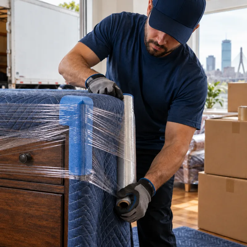 Furniture wrapped in moving blankets with corner protectors and labeled boxes nearby