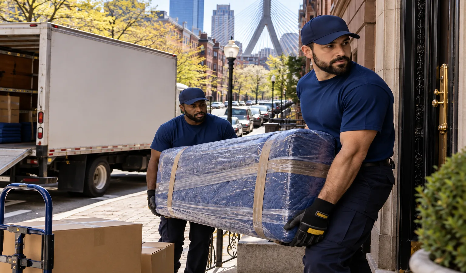 Mover carrying a wrapped sofa and labeled boxes through a Boston apartment building entry