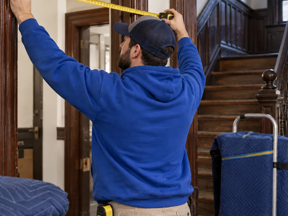 Mover measuring doorway and stairwell clearance in an older Boston multi-family entryway
