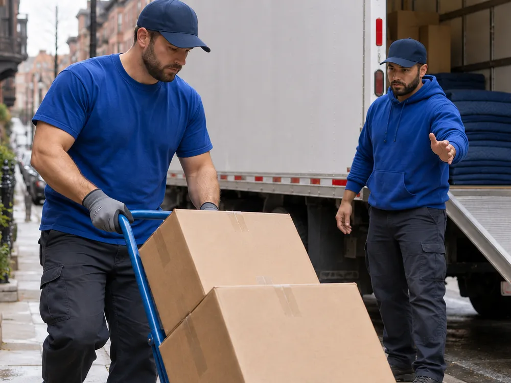 Movers using a hand truck on a sidewalk toward a truck parked on a narrow Boston street