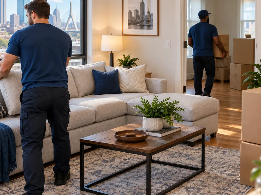 Organized living room after move-in with boxes grouped by room labels and furniture placed