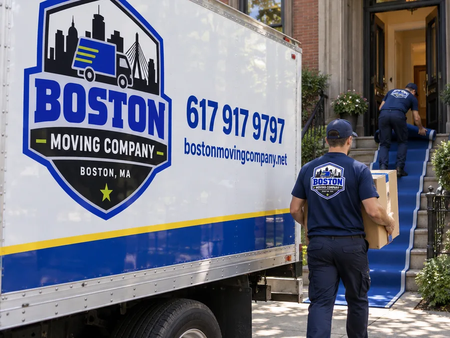Contractor placing floor protection at a home entry while another carries a taped moving box